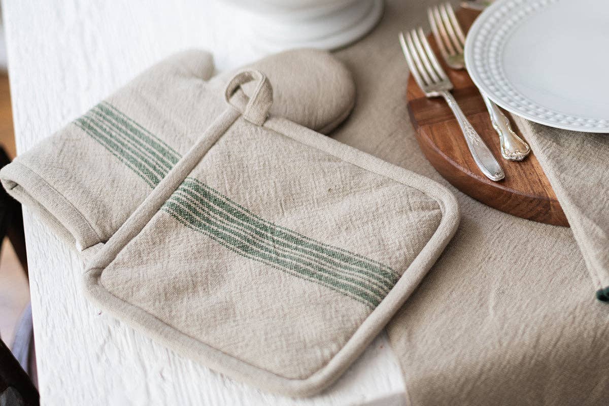 Vintage Spruce Green Stripe Oven Mitt, Set of 2