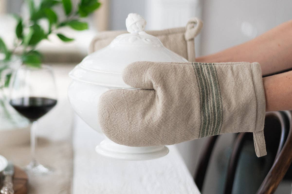 Vintage Spruce Green Stripe Oven Mitt, Set of 2